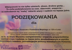 Podziękowania dla nauczycieli i rodziców z Przedszkola Miejskiego nr 129 za udział w akcji