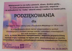 Podziękowania dla Pani Jolanty Tracz i Iwony Lewy za zorganizowanie zbiórki