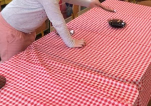 pierwsza dziewczynka nakrywa do stołu, rozkłada talerze, druga dziewczynka się przygląda