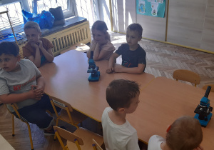 Przy stole po lewej stronie siedzi 2 chłopców, dziewczynka, chłopiec, po przeciwnej stronie siedzi 2 chłopców, na stole stoja 2 mikroskopy