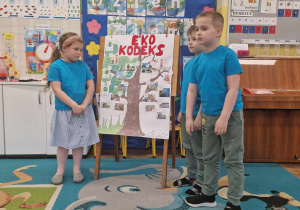 Dzieci z drużyny niebieskiej omawiają swój eko kodeks