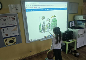 Dziewczynka wykonuje zadanie na tablicy multimedialnej