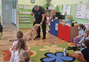 Pan prezentuje sztuczki z psem