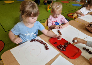 Dzieci układają kasztany na wzorze