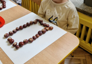 Chlopiec układa kasztany na wzorze.