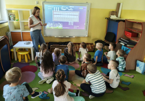 Dzieci siedzą i patrzą na tablicę multimedialną i Panią prowadzącą