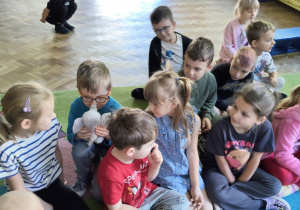 Dzieci witają się z maskotką słonika