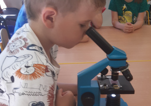 N apierwszymplanie widać chłopca który patrzy przez niebieski mikroskop, w oddali widać siedzącą dziewczynke