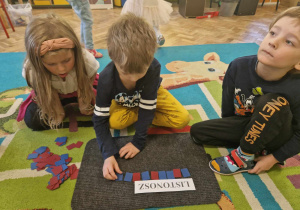 Chłopiec przyporządkowuje kartoniki czerwone i niebieskie do spółgłosek i samogłosek