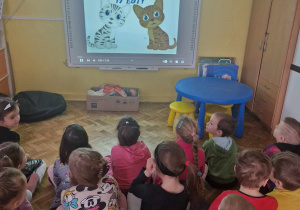 Dzieci oglądają film edukacyjny n/t Dnia Kota
